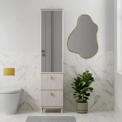 BOXED ELSIE MIRROR TALLBOY STORAGE UNIT STONE (1 BOX )