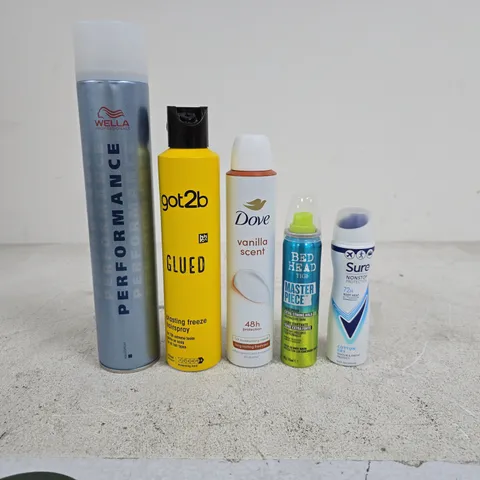 TOTE OF APPROXIMATELY 15 ASSORTED AEROSOL PRODUCTS TO INCLUDE WELLA PROFESSIONALS, SURE, BED HEAD, DOVE, GOT2B ETC