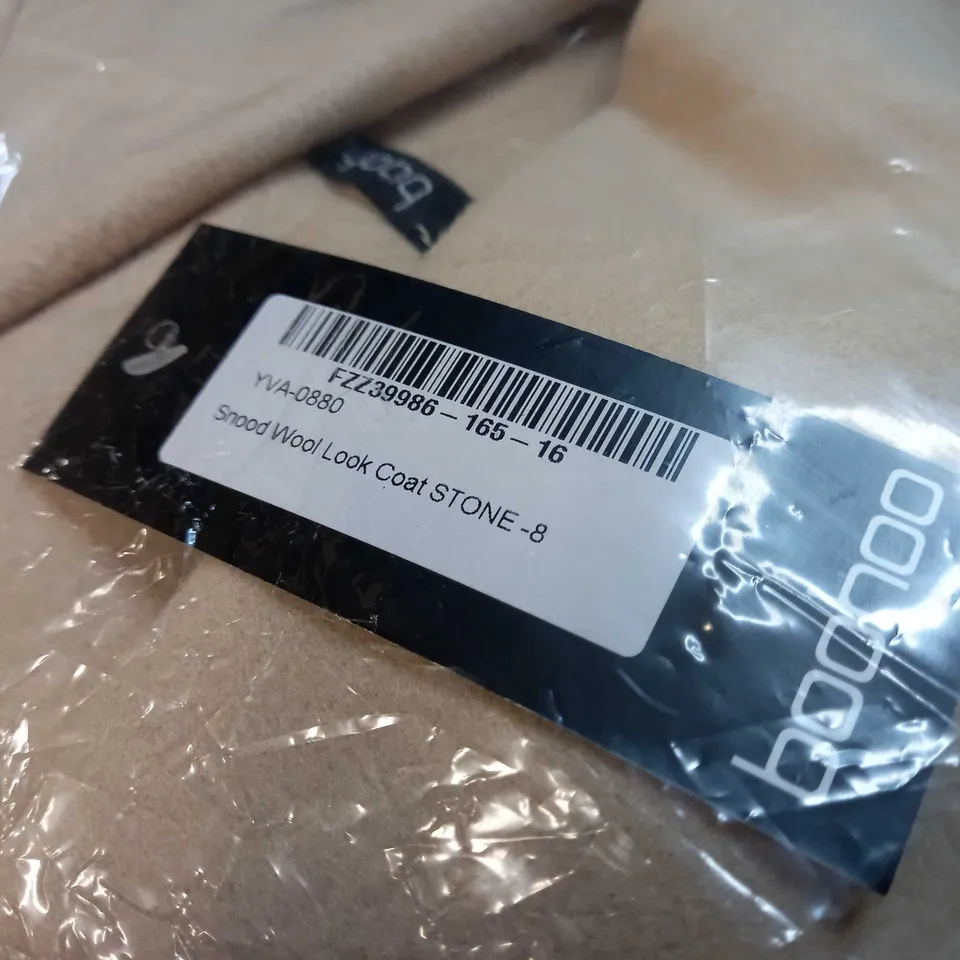 PACKAGED BOOHOO STONE SNOOD WOOL LOOK COAT - SIZE 8