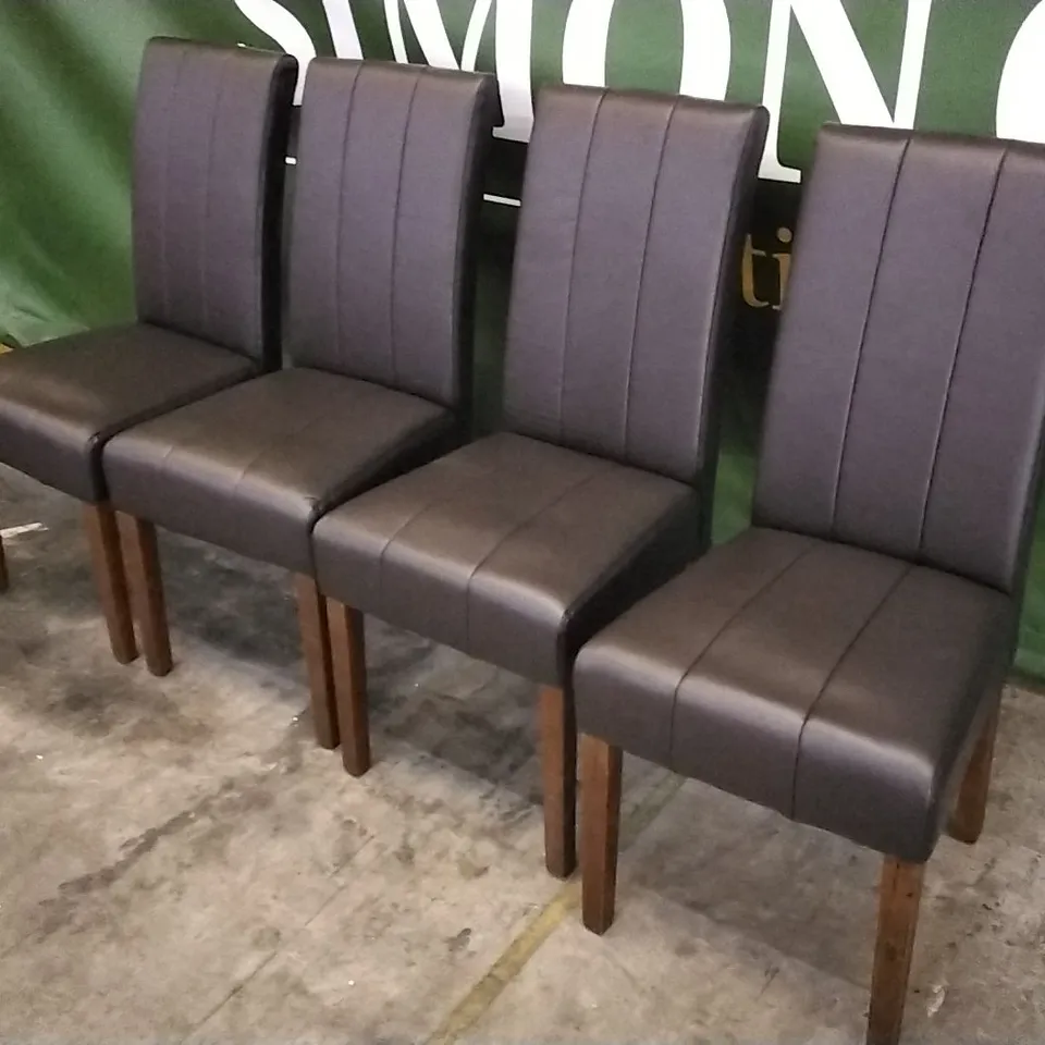 4 DARK BROWN LEATHER DINING CHAIRS WITH WOODEN LEGS