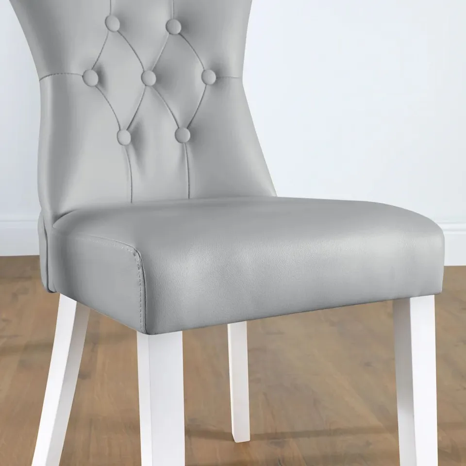 BOXED BEWLEY DINING CHAIR, GREY CLASSIC FAUX LEATHER & WHITE SOLID HARDWOOD 