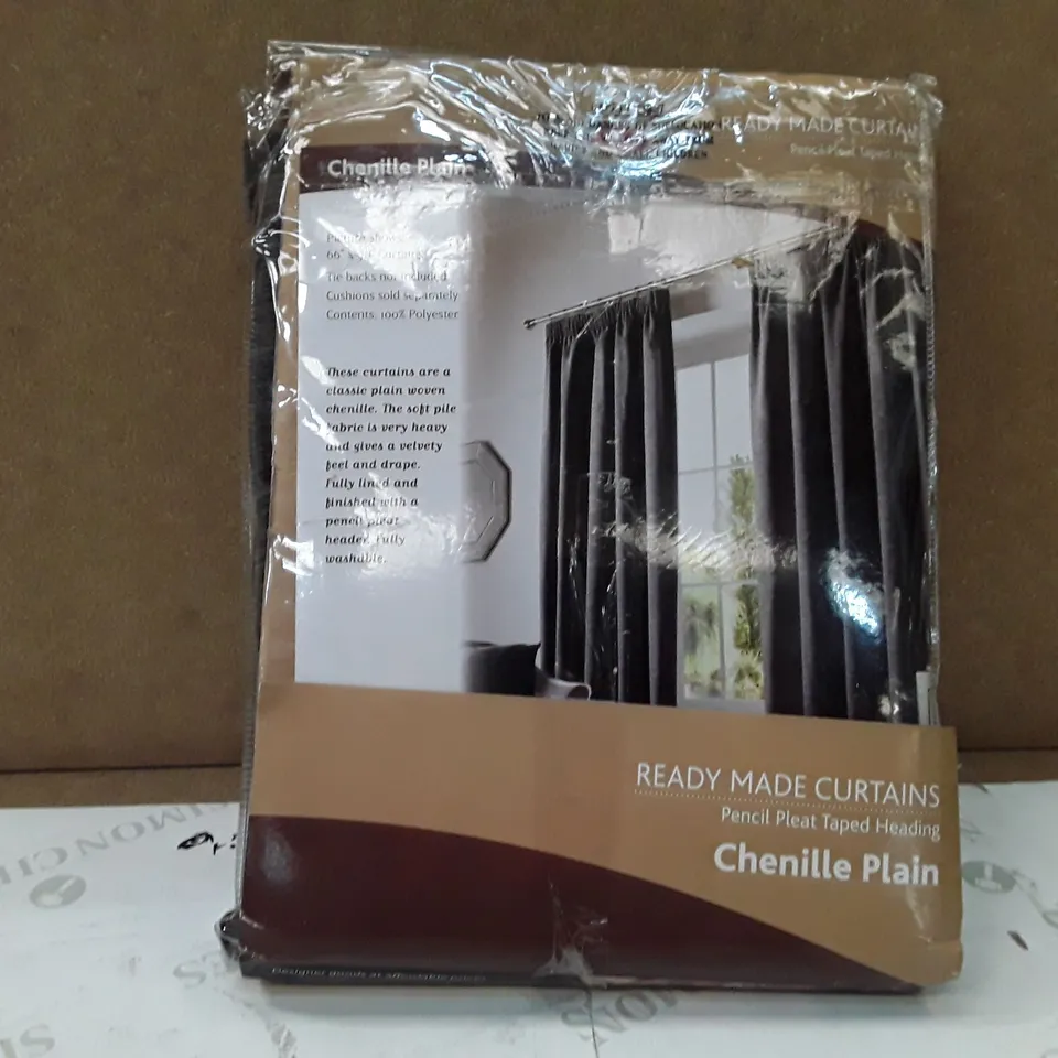 BRAND NEW CHENILLE PLAIN PENCIL PLEAT CURTAINS - 117CM X 183CM (CHARCOAL)