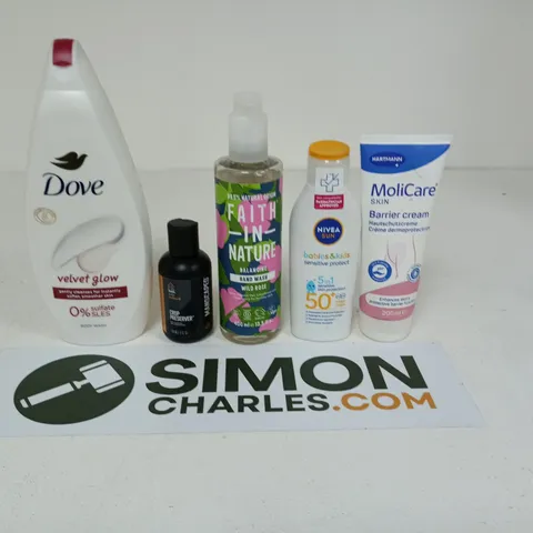 APPROXIMATEY 20 ASSORTED HEALTH AND BEAUTY PRODUCTS TO INCLUDE - DOVE BODY WASH - FAITH IN NATURE HAND WASH AND NIVEA BABIES & CHILDREN SUN LOTION
