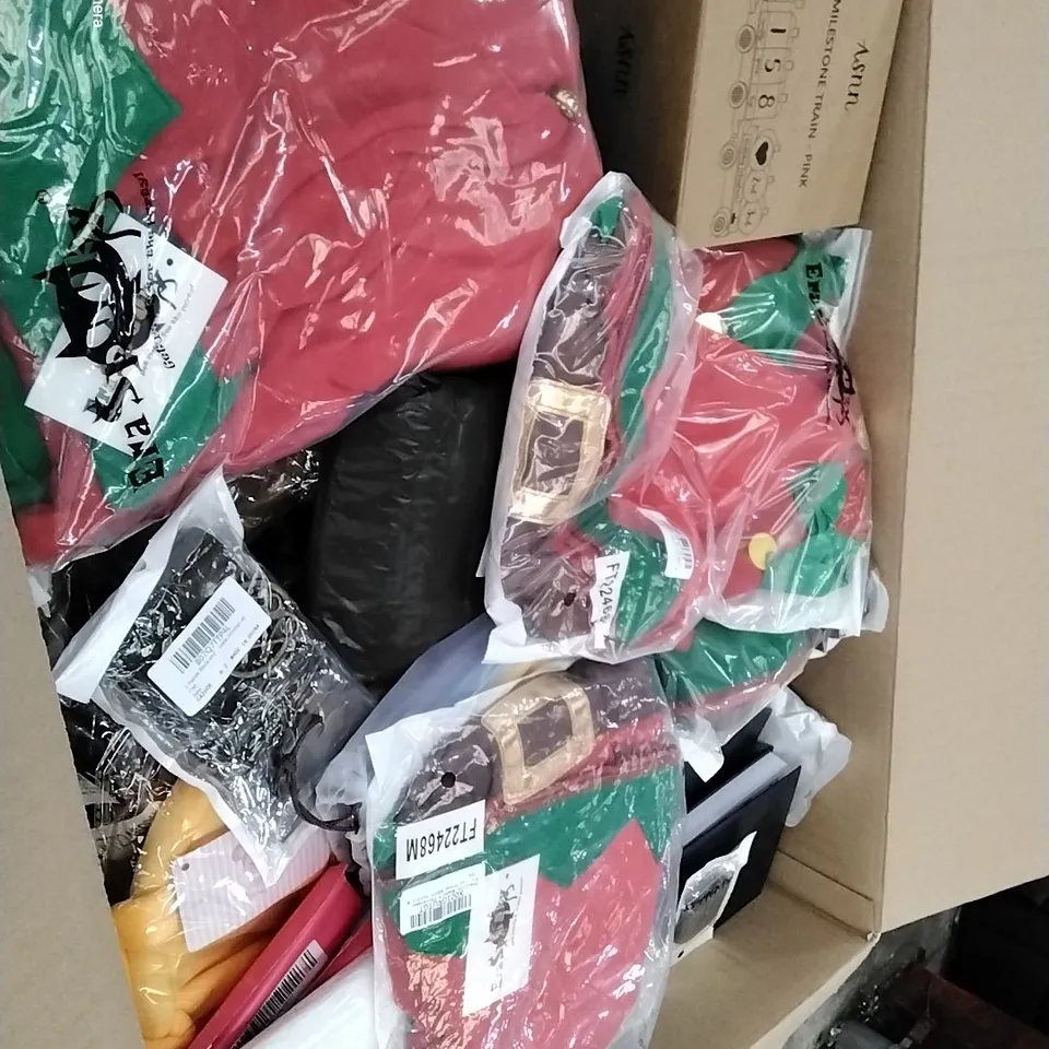 PALLET CONTAINING 6 BOXES OF ASSORTED HOUSEHOLD ITEMS TO INCLUDE BOXED ALLOT SHOES, ELF DRESS UP SETS AND BABY MILESTONE TRAIN
