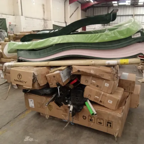 PALLET OF ASSORTED INCOMPLETE OR DAMAGED SPORTS GOODS TO INCLUDE; TREADMILL, GYM EQUIPMENT, PLUM PLAY PARTS ETC