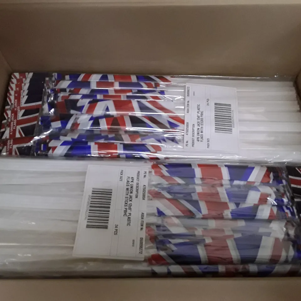BOX CONTAINING APPROXIMATELY 15 PACKS EACH CONTAINING 24 BRAND NEW UNION JACK FLAGS ON STICKS