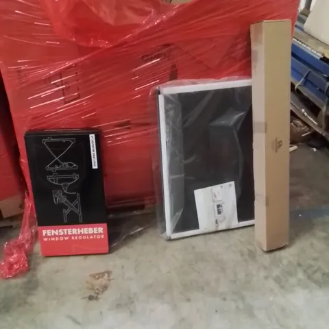 PALLET OF ASSORTED HOUSEHOLD GOODS AND PRODUCTS TO INCLUDE;PET FENCE,RETRACTABLE SAFETY GATE,WINDOW REGULATOR 