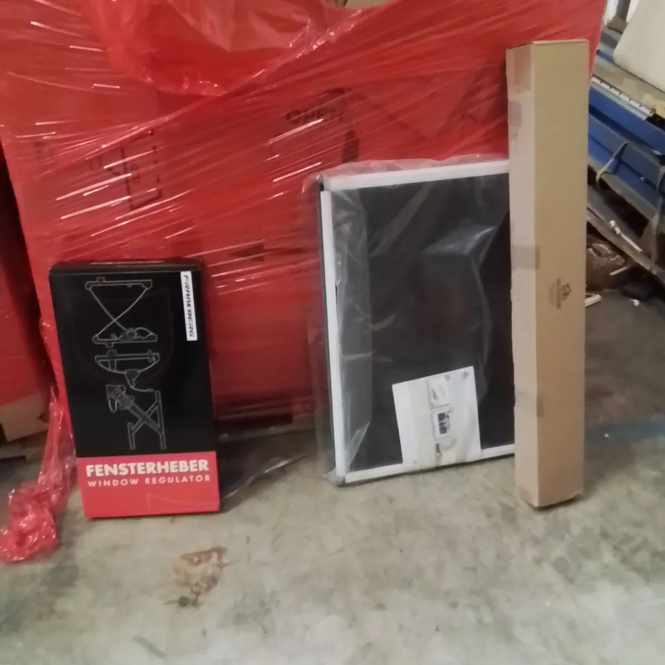 PALLET OF ASSORTED HOUSEHOLD GOODS AND PRODUCTS TO INCLUDE;PET FENCE,RETRACTABLE SAFETY GATE,WINDOW REGULATOR 