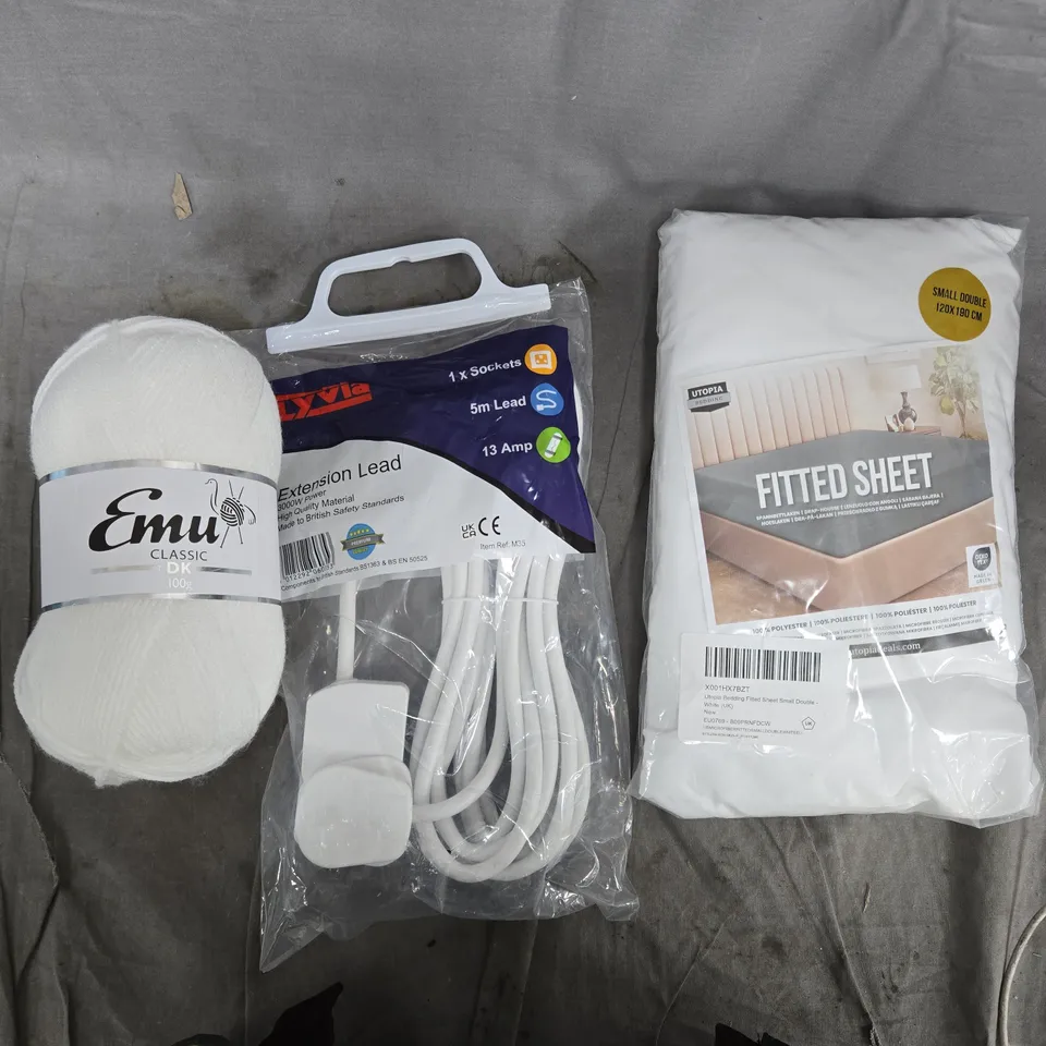 APROXIMATELY 15 ASSORTED ITEMS TO INCLUDE FITTED SHEET – SMALL DOUBLE 120X190 CM (WHITE) WITH 5M EXTENSION LEAD & COTTON WOOL – 3-ITEM LOT