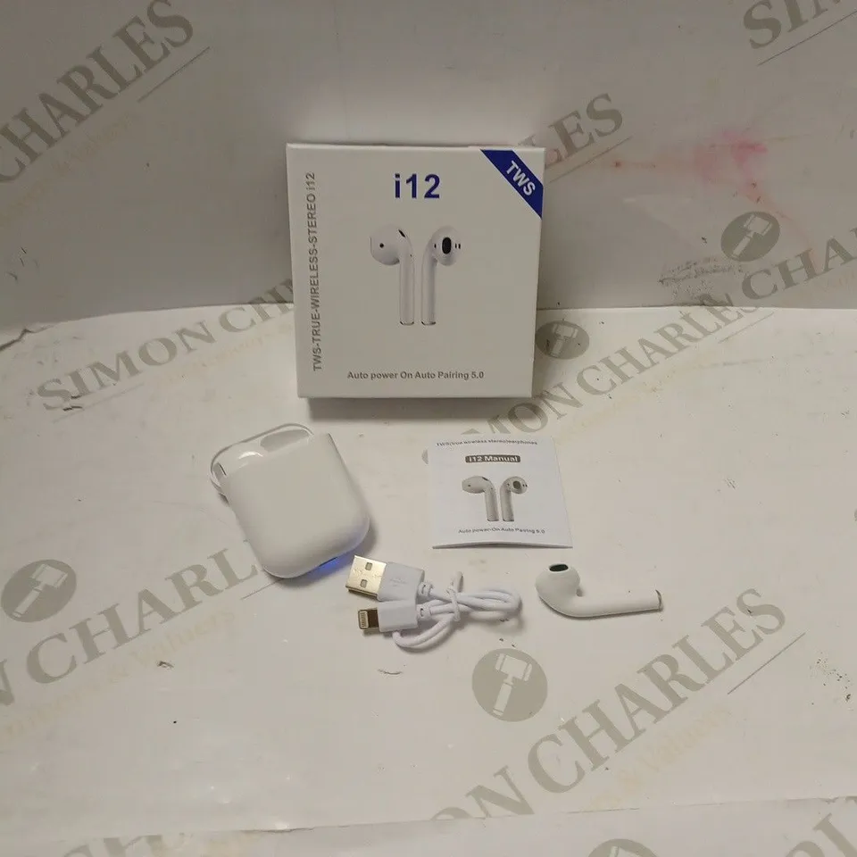 BOXED TWS I12 TRUE WIRELESS HEADPHONES WITH CHARGING DOCK, USB CABLE AND INSTRUCTIONS 