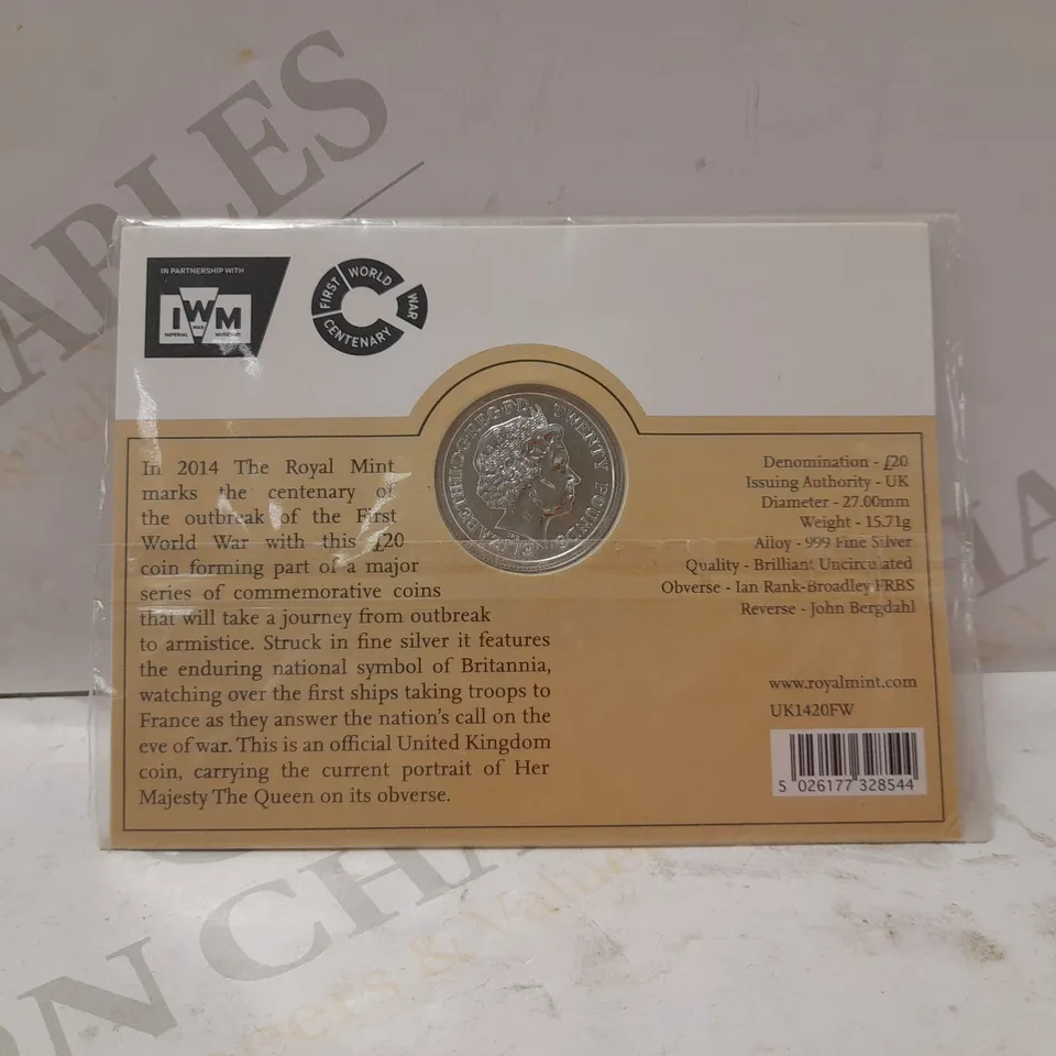 THE ROYAL MINT 2014 TWENTY POUND COIN OUTBREAK 1ST WORLD WAR 999 FINE SILVER