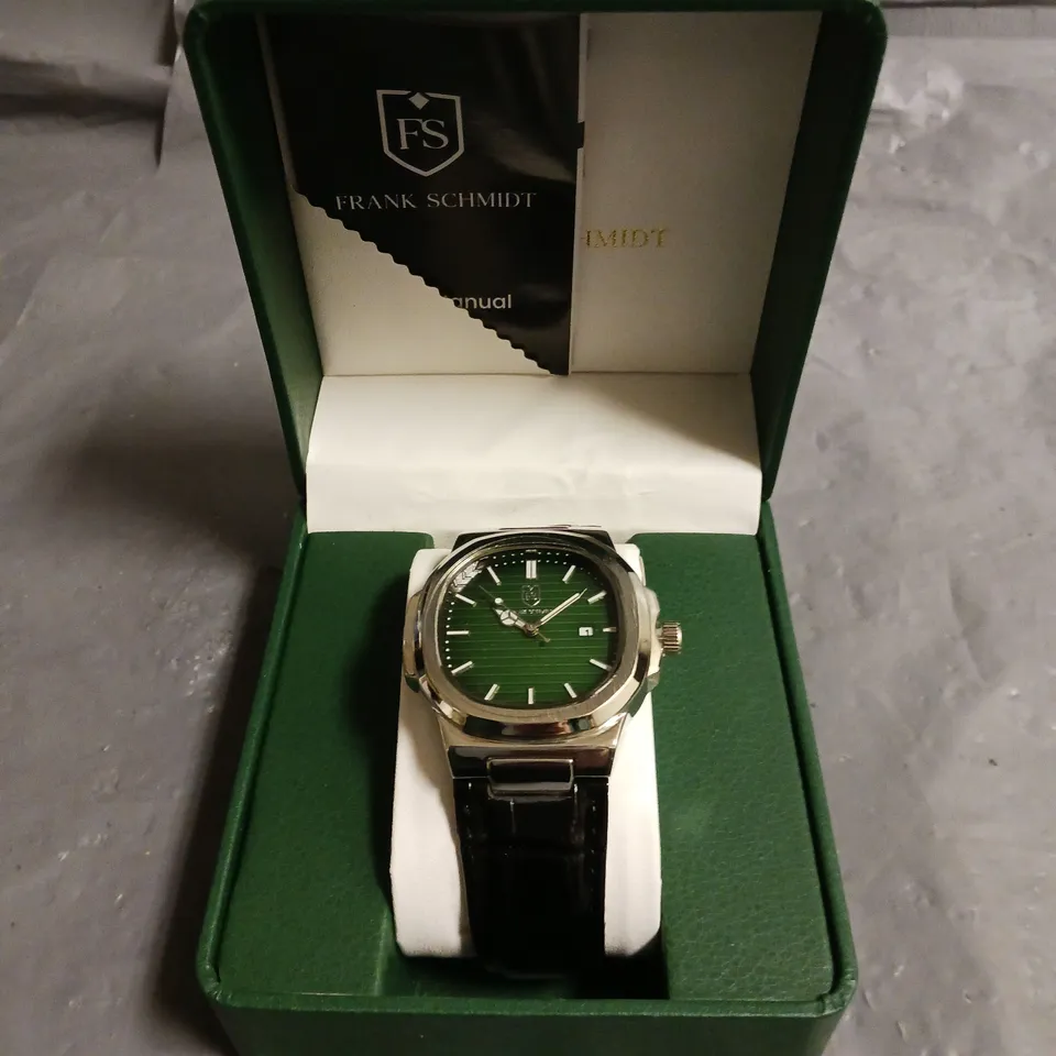 FRANK SCHMIDT GREEN DIAL GENTS WATCH WITH STAINLESS STEEL BACKCASE AND BLACK LEATHER STRAP IN BOX