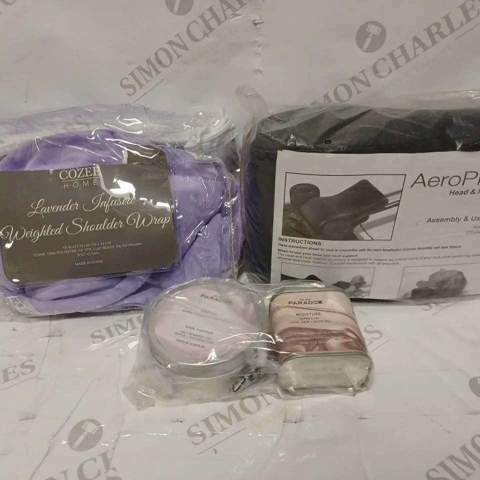 LOT OF APPROXIMATELY 14 ITEMS TO INCLUDE COZEE HOME LAVENDER INFUSED WEIGHTED SHOULDER WRAP, WE ARE PARADOX REPAIR AND MOISTURISE KIT, AEROPILATES HEAD & NECK SUPPORT, ETC