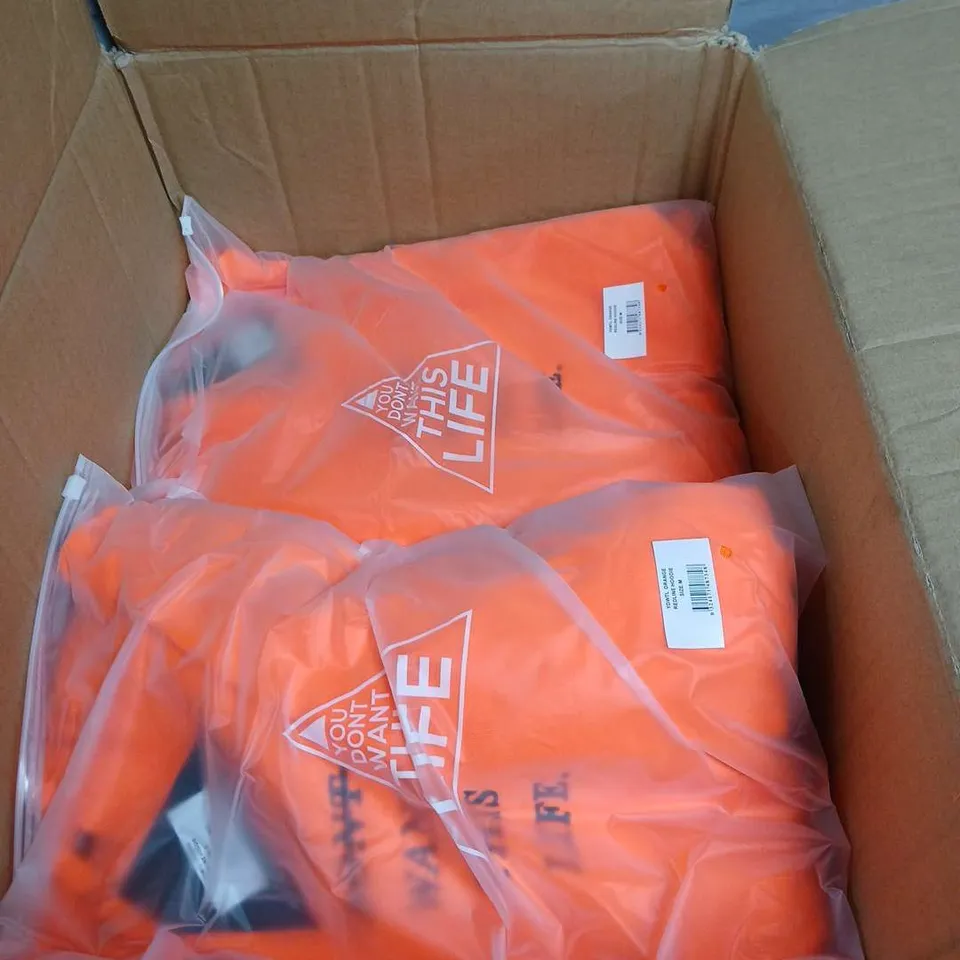 APPROXIMATELY 14 HOODIES IN SIZE M ORANGE COLOUR  WITH THE LOGO YOU DON'T WANT THIS LIFE .