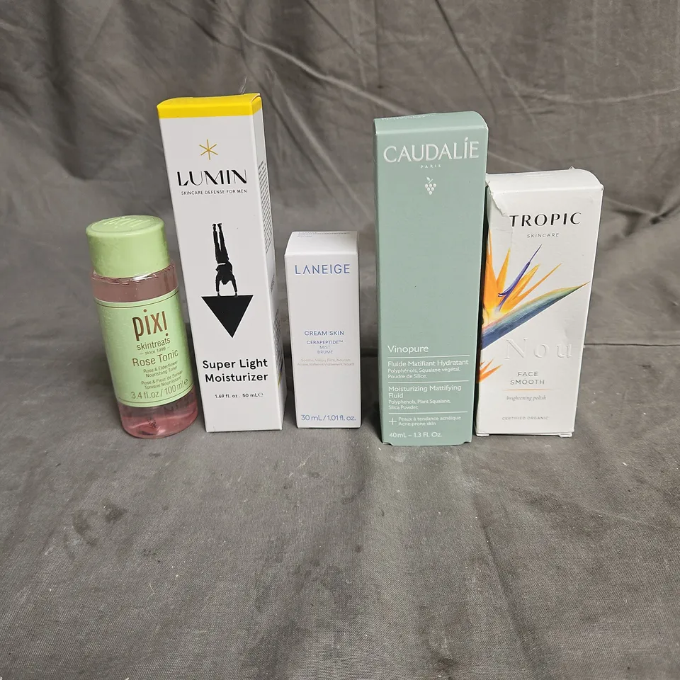 LOT OF APPROX 5 ASSORTED SKINCARE PRODUCTS TO INCLUDE - PIXI ROSE TONIC - LUMIN SUPER LIGHT MOISTURISER - LANEIGE CREAM SKIN MIST - ETC