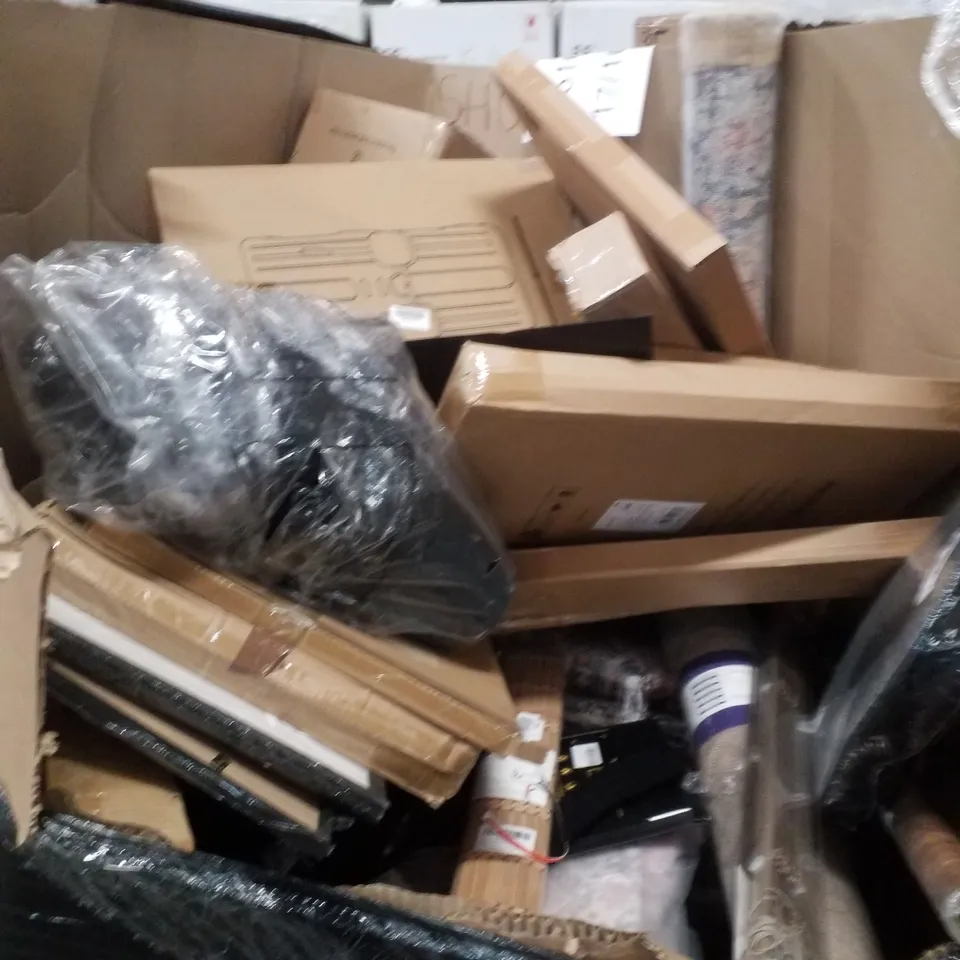 PALLET OF ASSORTED HOUSEHOLD GOODS AND PRODUCTS TO INCLUDE;AIR COOLER,NONSTICK PAN,RUGS,FLOWER STAND
