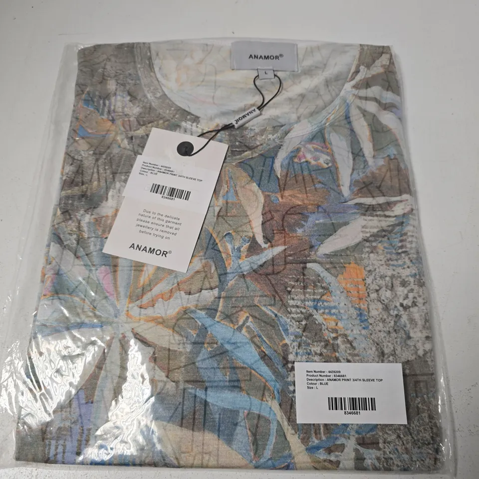 ANAMOR PRINT 3/4 SLEEVE TOP – BLUE – UK L