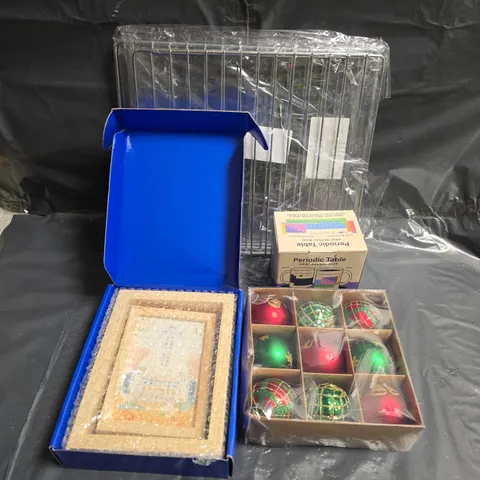 BOX OF APPROXIMATELY 12 ASSORTED HOUSEHOLD ITEMS TO INCLUDE - PHOTO FRAME - PERIODIC TABLE HEAT REVEAL MUG - CHRISTMAS BAUBLES - ETC