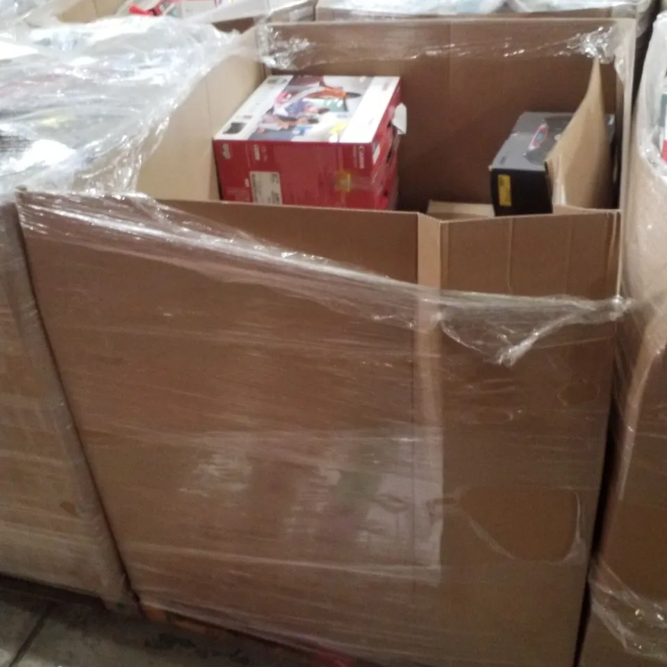 PALLET CONTAINING ASSORTED ELECTRICAL PRODUCTS INCLUDING CANON PIXMA TS3350 PRINTER, HP DESKJET 2810E PRINTER, BLUETOOTH CD BOOMBOX, HDMI DVD PLAYER, WIRED HEADPHONES & WIRELESS CHARGING PAD