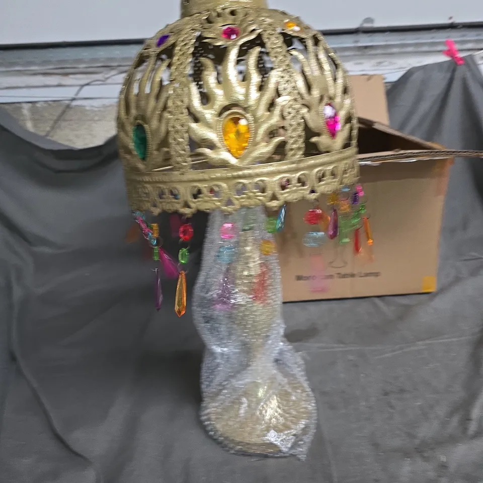 DECORATIVE GOLD-TONE CROWN HANGING LAMP SHADE WITH COLOURED GEMS 