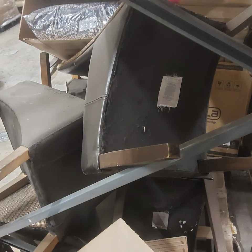 PALLET CONTAINING 6x DINING CHAIRS, 1x 8KG DUMBELL, 2x LEOPARD PRINT PADDED COATS