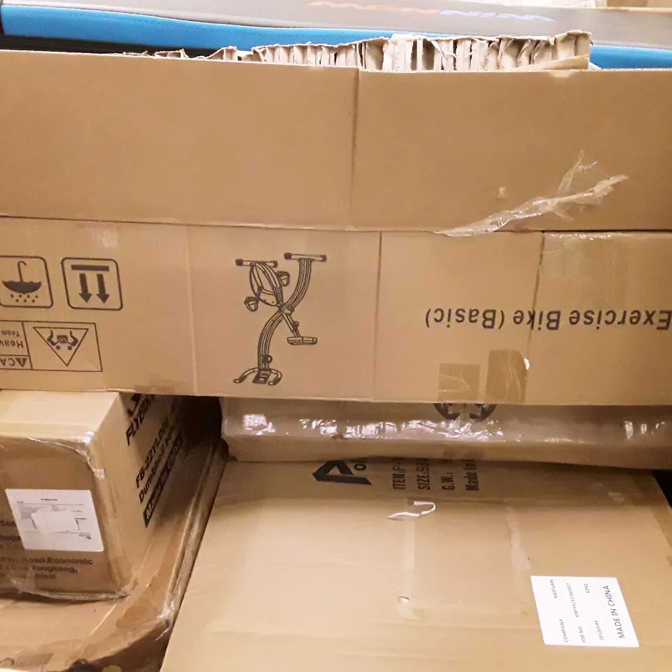 PALLET OF ASSORTED HOUSEHOLD ITEMS TO INCLUDE FOLDING EXERCISE BIKE, DUMBBELL BENCH, WHEELED LUGGAGE AND CAMPING TENTS