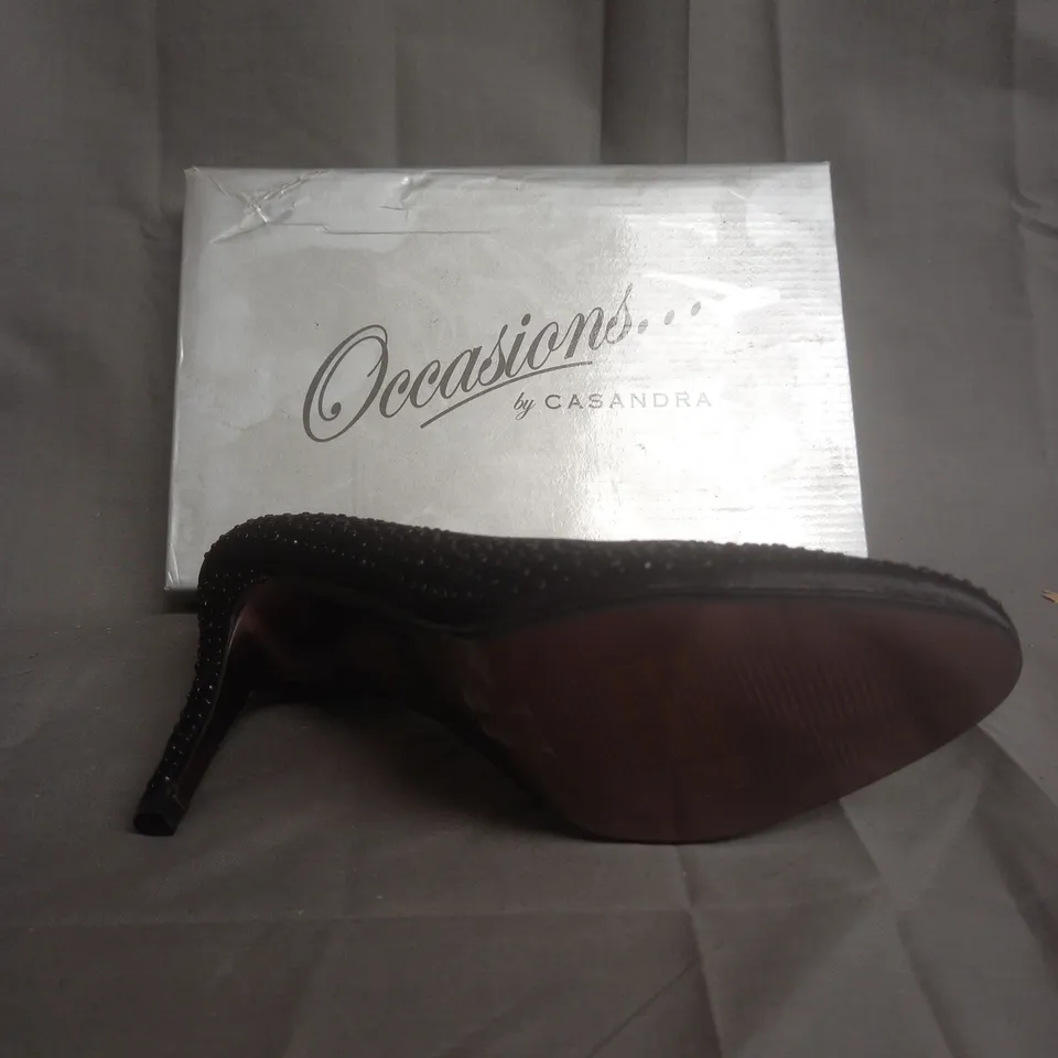 BOXED PAIR OF OCCASIONS BY CASANDRA BLACK SATIN STUDDED HEELS SIZE 7