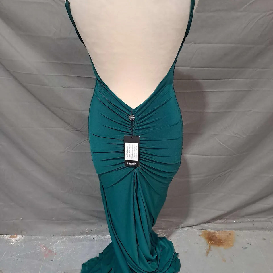 CLUB LONDON ADELE BACKLESS RUCHED FISHTAIL CAMI MAXI DRESS IN BOTTLE GREEN SIZE 8