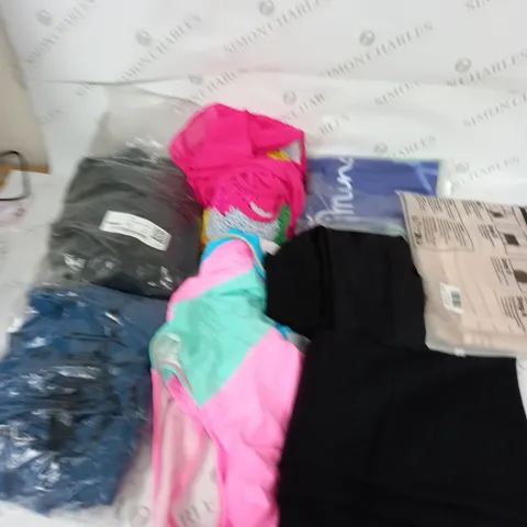 LARGE BOX OF ASSORTED CLOTHING ITEMS IN VARIOUS COLOURS AND SIZES INCLUDING TROUSERS , TOPS AND JUMPERS