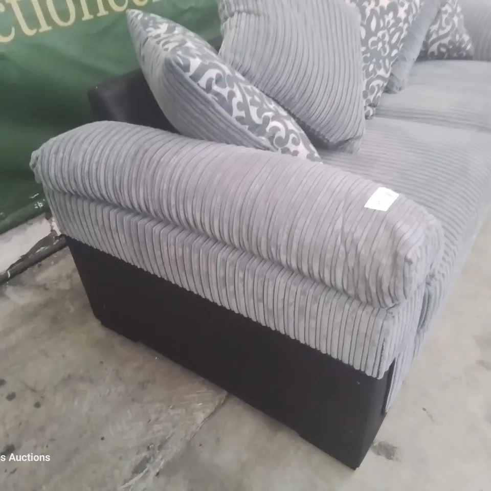 DESIGNER THREE SEATER SOFA WITH SCATTER CUSHIONS BLACK FAUX LEATHER & GREY JUMBO CHORD