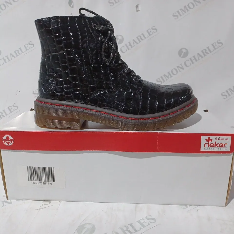 BOXED PAIR OF RIEKER BLACK CROC LACE BOOT- BLACK UK SIZE 6
