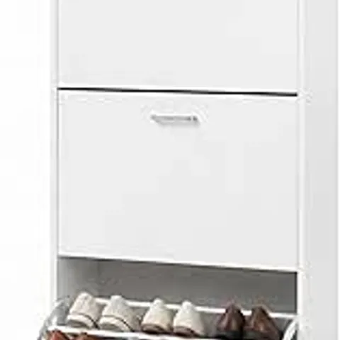 BOXED VASAGLE CUSTOS COLLECTION 3 TIER 3 COMPARTMENT SHOE CABINET STORAGE CUPBOARD FOR ENTRYWAY, LIVING ROOM, BEDROOM, WHITE (1 BOX)