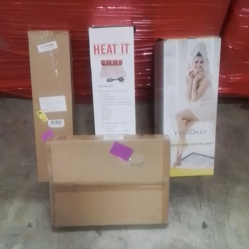 PALLET CONTAINING ASSORTED ITEMS TO INCLUDE: ELECTRIC FLOOR HEATING SYSTEM, TOWEL BAR, OUTDOOR FENCE ARCHED AND UNDERFLOOR HEATING MAT ETC...