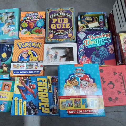 LOT OF APPROXIMATELY 35 ASSORTED BOOKSAND GAMES TO INCLUDE DISNEY BOOKS, PUB QUIZ GAMES, PAW PATROL GIFT COLLECTIONS AND WISH MY BUSY BOOK