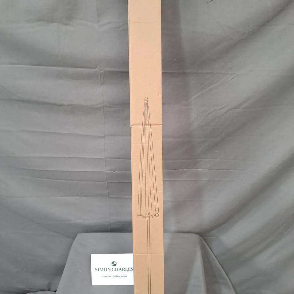 BOXED AS NEW 1.6M BEACH UMBRELLA - BLUE/WHITE STRIPES