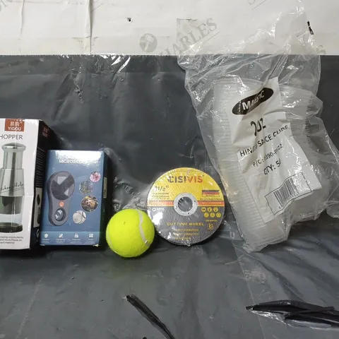 BOX OF APPROXIMATELY 8 ASSORTED ITEMS TO INCLUDE - TENNIS BALL , DIGITAL MICROSCOPE , CHOPPER ETC