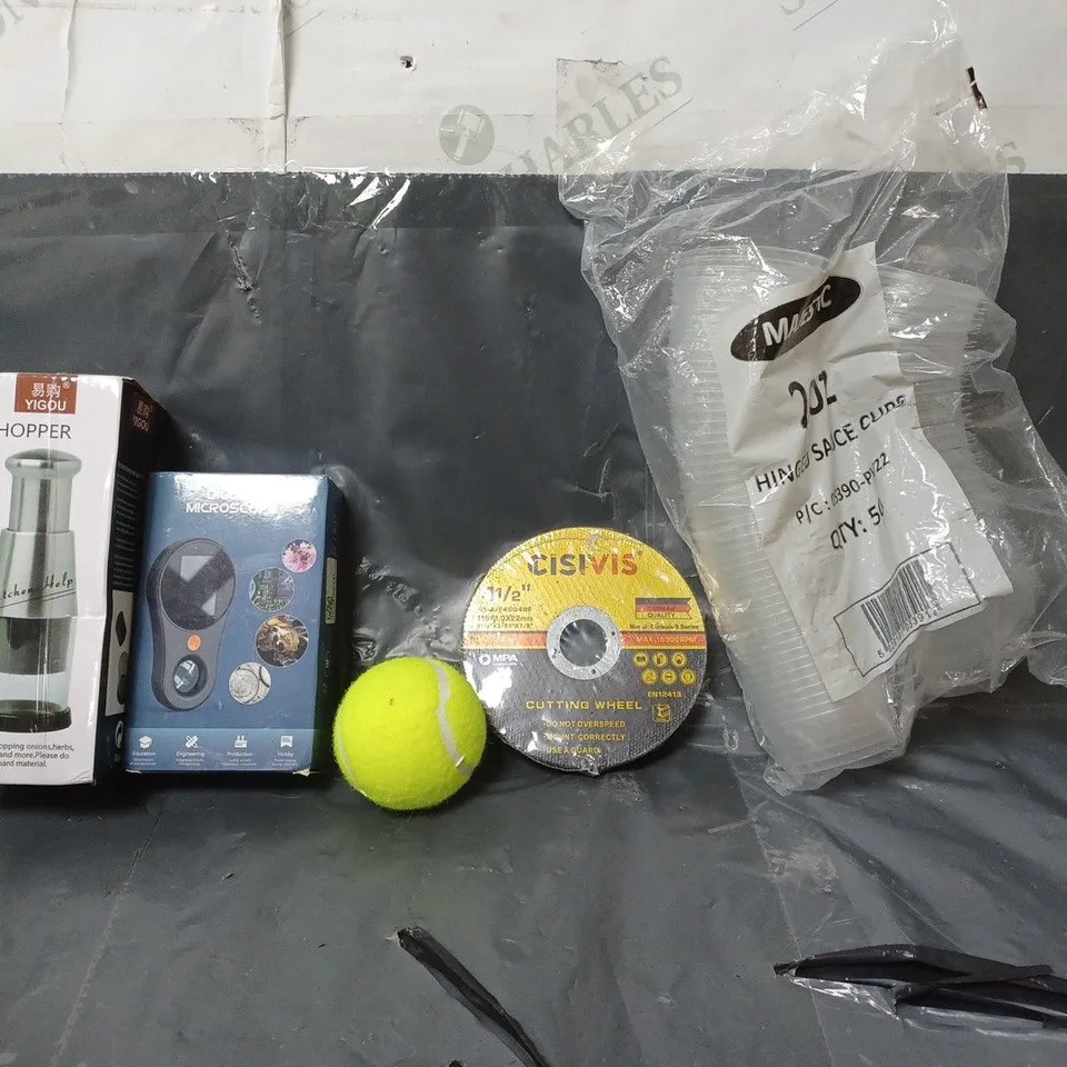 BOX OF APPROXIMATELY 8 ASSORTED ITEMS TO INCLUDE - TENNIS BALL , DIGITAL MICROSCOPE , CHOPPER ETC