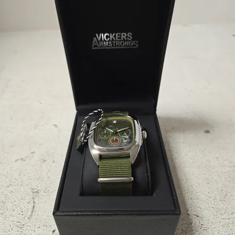 VICKERS ARMSTRONGS CHRONOGRAPH WRISTWATCH – OLIVE DIAL, GREEN NATO STRAP, IN BOX