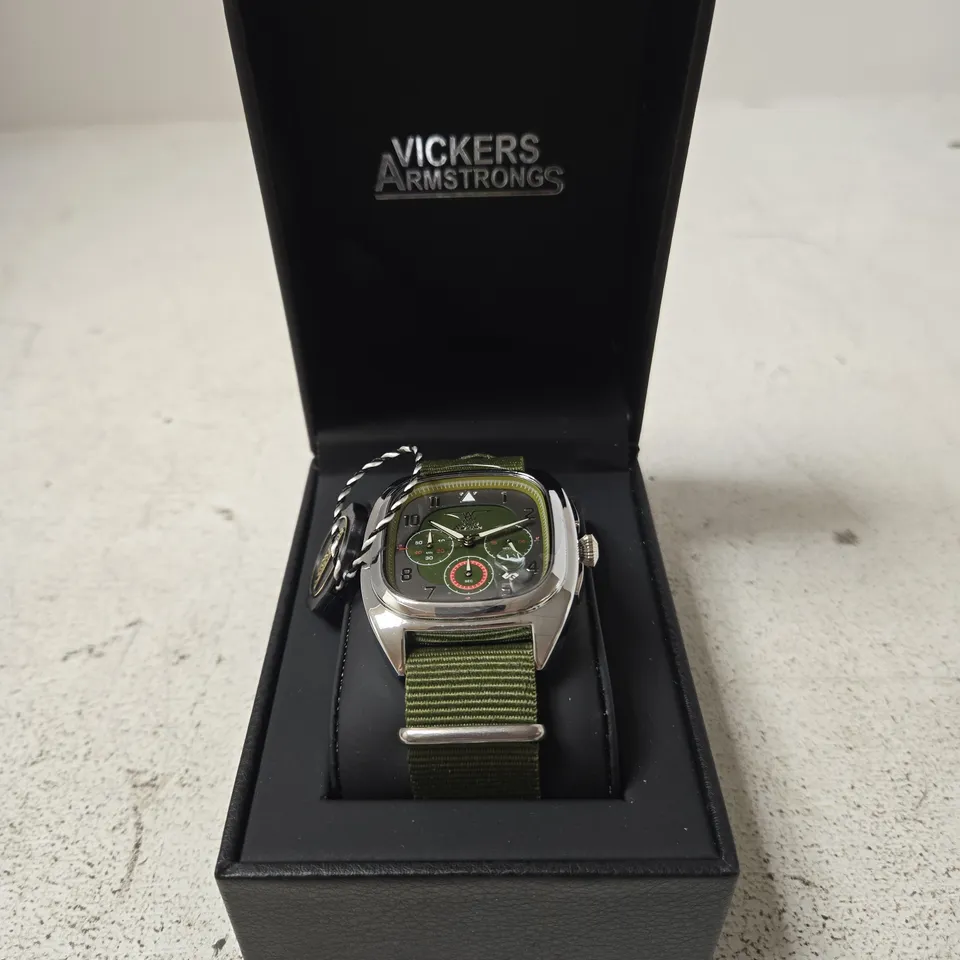 VICKERS ARMSTRONGS CHRONOGRAPH WRISTWATCH – OLIVE DIAL, GREEN NATO STRAP, IN BOX