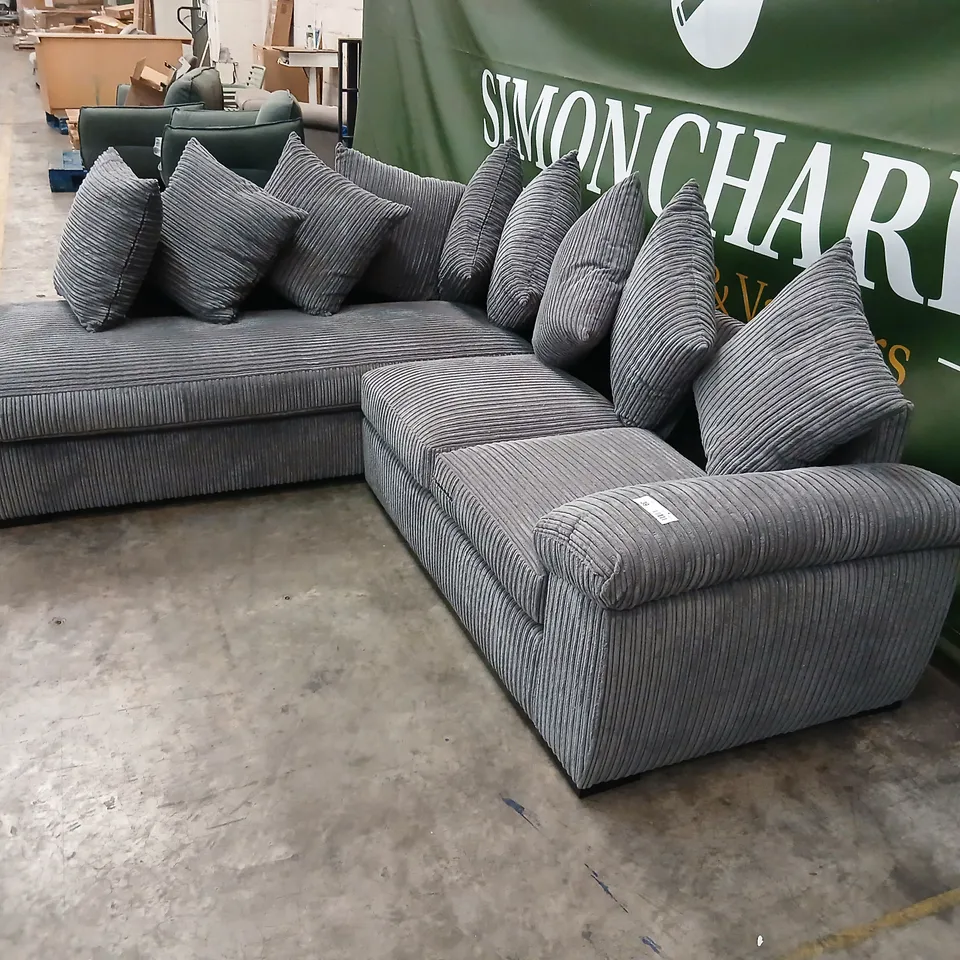 GREY CORDUROY L-SHAPED FABRIC SOFA WITH CUSHIONS – SECTIONAL SEATING (VERIFY MODEL)