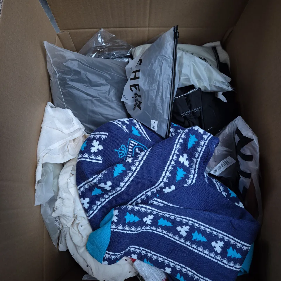 LARGE BOX OF ASSORTED CLOTHING ITEMS IN VARIOUS SIZES, STYLES AND COLOUR 