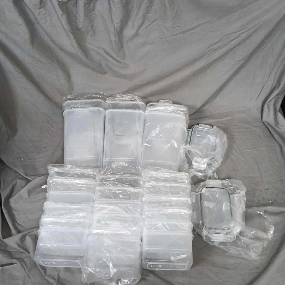 SET OF CLEAR STACKABLE PLASTIC STORAGE BOXES WITH GREY LIDS