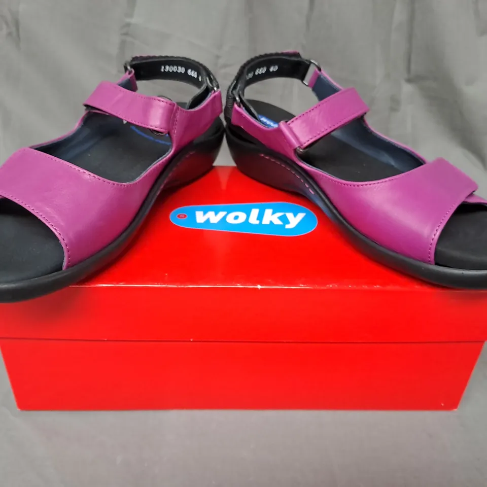 BOXED PAIR OF WOLKY OPEN TOE WEDGE SANDALS IN PURPLE EU SIZE 40