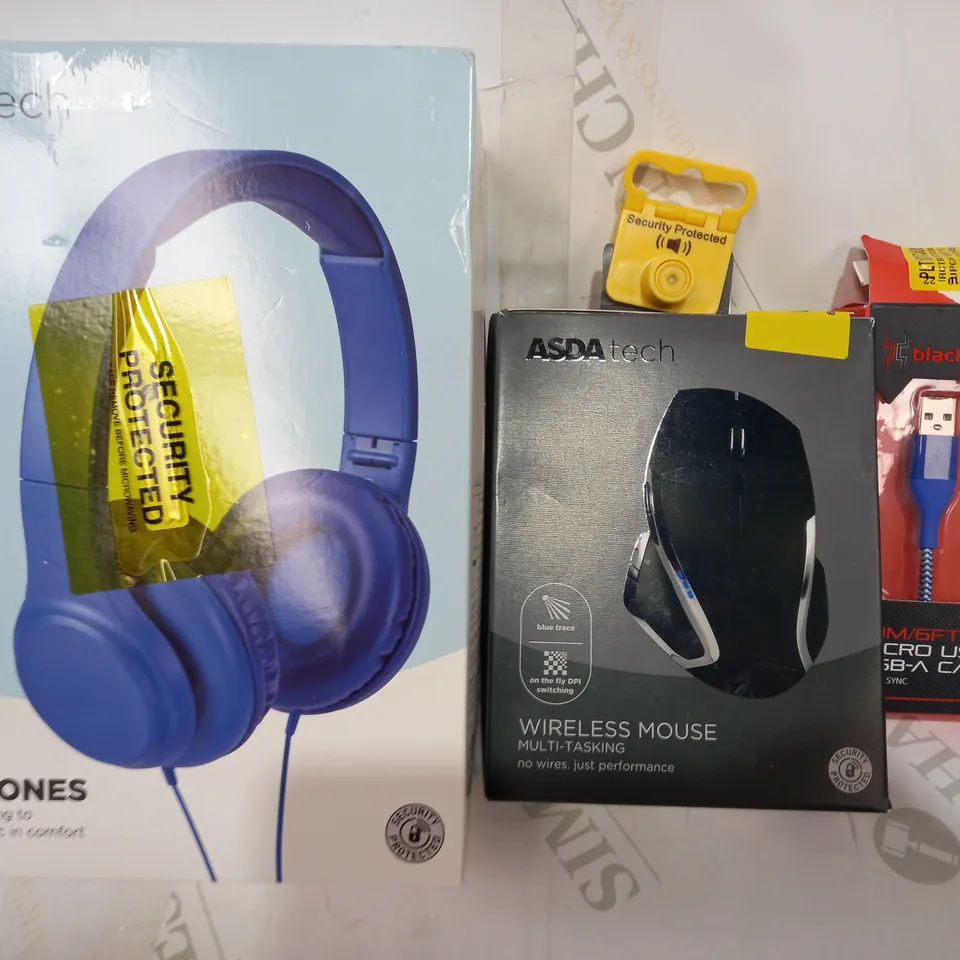 LOT OF APPROXIMATELY 20 ASSORTED HOUSEHOLD ITEMS TO INCLUDE ASDA TECH WIRED HEADPHONES, ASDA TECH WIRELESS MOUSE, BLACKWEB MINRO USB TO USB-C CABLE, ETC
