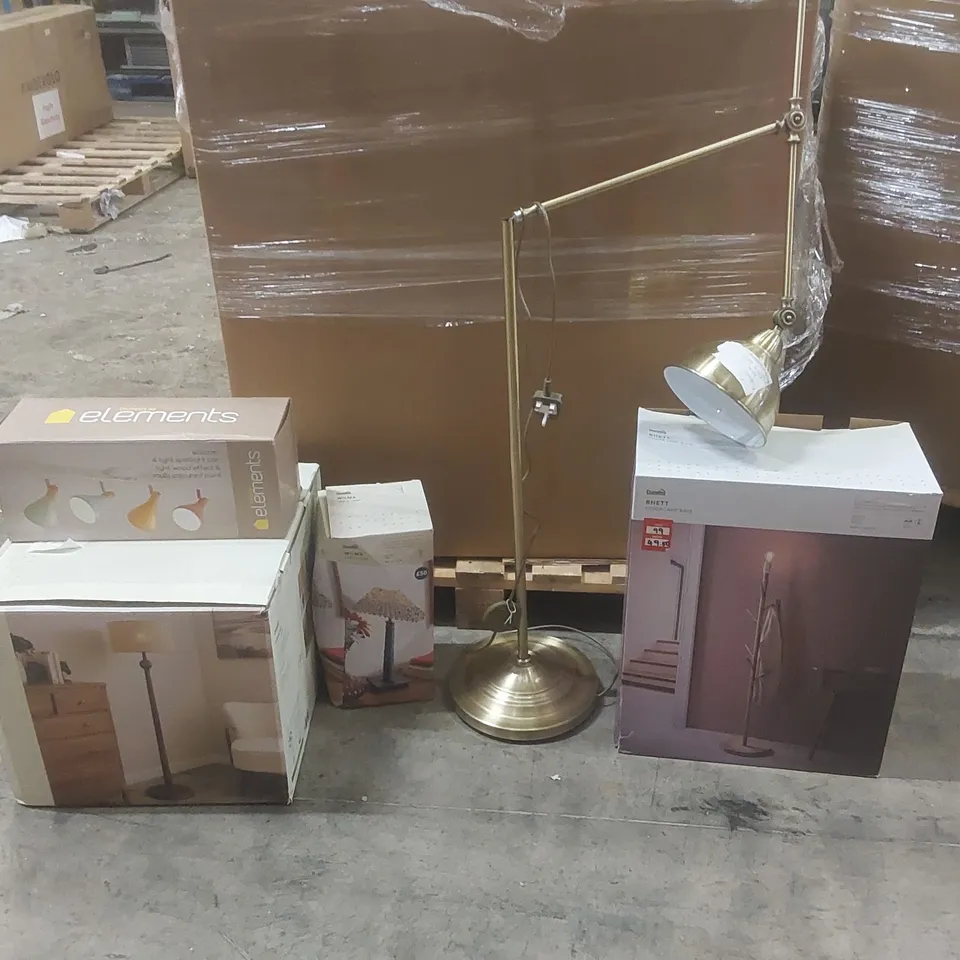 PALLET CONTAINING A VERY LARGE QUANTITY OF ASSORTED DESIGNER LIGHTING PRODUCTS TO INCLUDE: GRACIE FLOOR LAMP, WOLSTON BAR LIGHT, WILMA TABLE LAMP, RHETT FLOOR LAMP BASE ECT