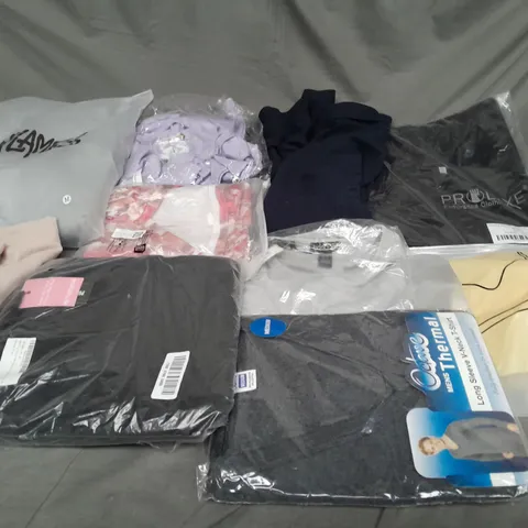 BOX OF ASSORTED CLOTHING ITEMS IN VARIOUS COLOURS, SIZES AND STYLES