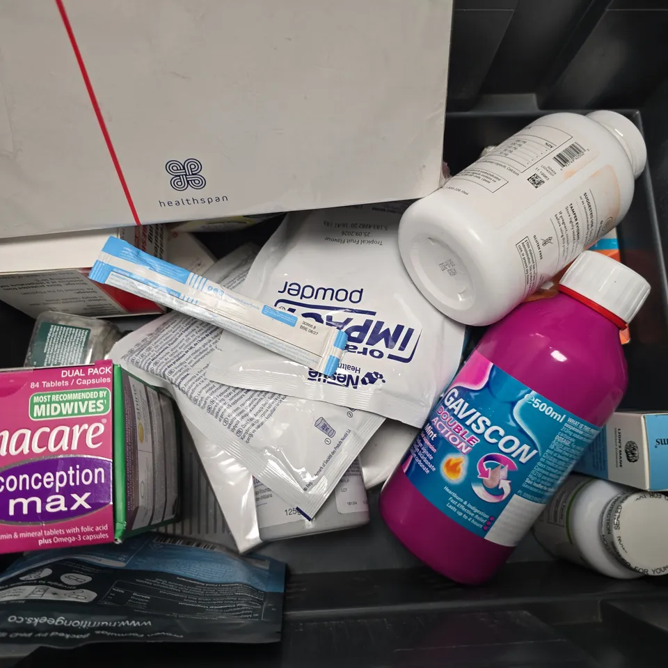 APPROXIMATELY 15 ASSORTED VITAMIN/HEALTH AID PRODUCTS TO INCLUDE GAVISCON, THRONE DIGESTIVE ENZYMES, LOVE MUSHROOMS LIONS MANE, ETC - COLLECTION ONLY