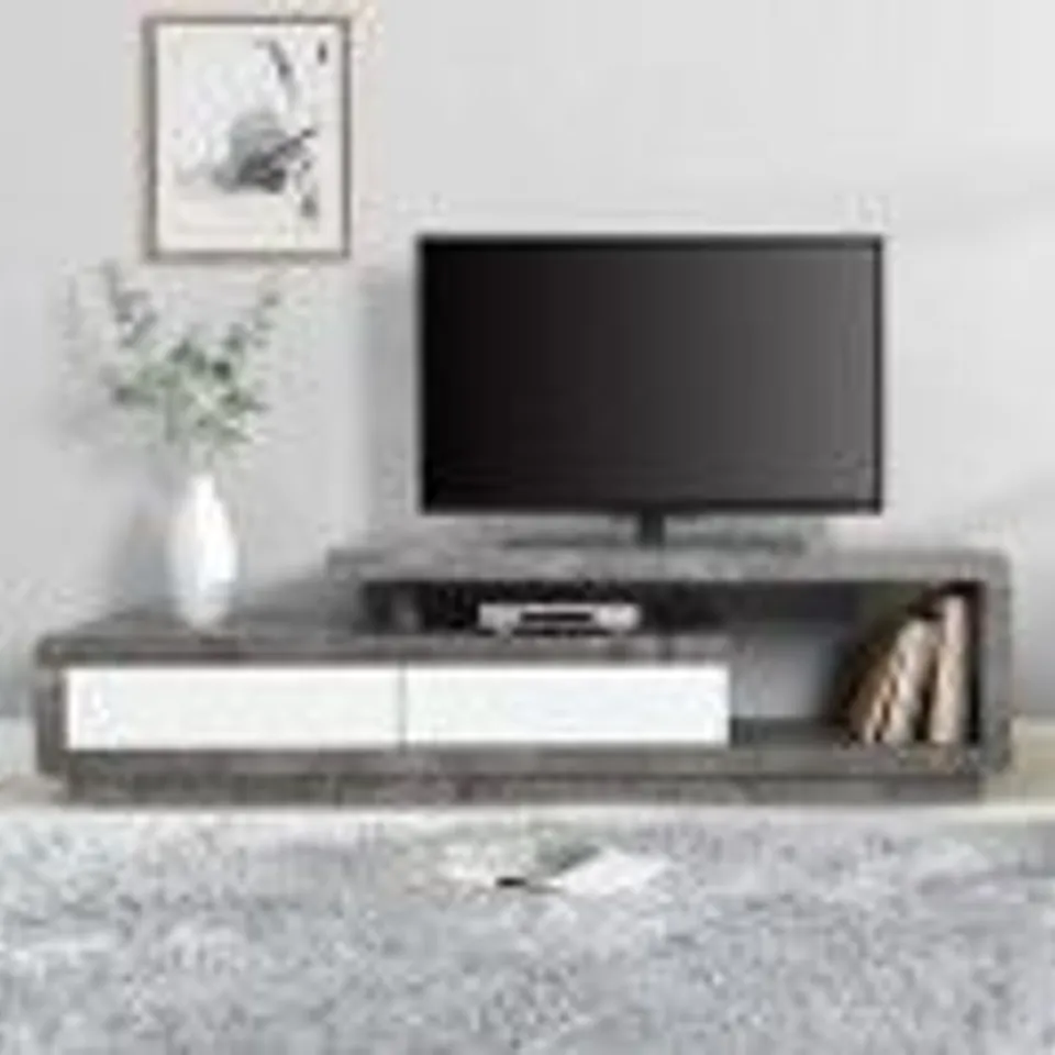 BOXED CELIA TV STAND, WHITE HIGH GLOSS WITH GREY DRAWERS (1 BOX)