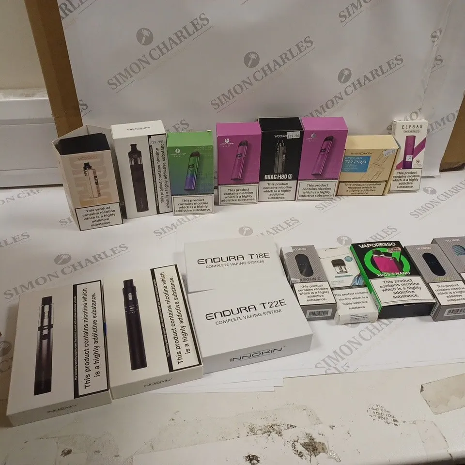 LOT OF APPROXIMATELY 20 E-CIGARETTES TO INCLUDE ENDURA T18E, GEEKVAPE, AND VOOPOO ETC.