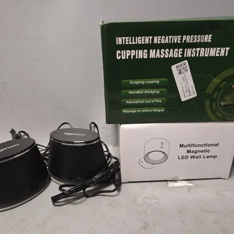 TOTE OF APPROXIMATELY 5 ASSORTED ITEMS TO INCLUDE - CUPPING MASSAGE , AMAZON BASICS SPEAKER , LED WALL LAMP ETC
